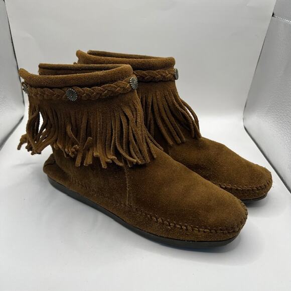 Minnetonka 293 Fringe Ankle Booties Zip Up Leather Womens 6.5 Brown Moccasin - Picture 1 of 7